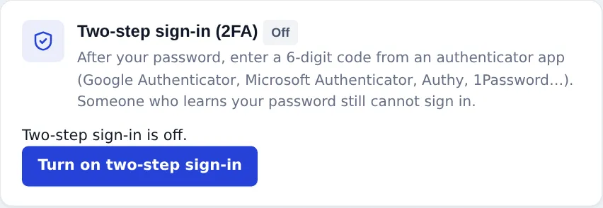 Two-step sign-in card showing it is off with a Turn on two-step sign-in button