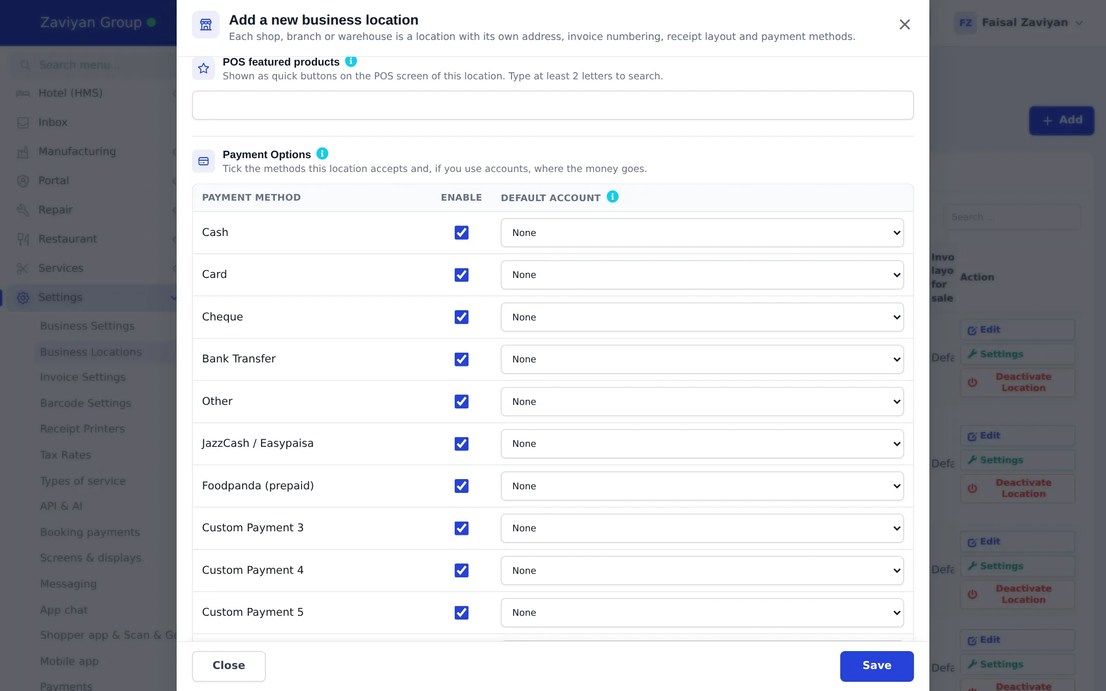 Lower part of the location window with POS featured products and the Payment Options table listing Cash, Card, Cheque, Bank Transfer and custom payment methods, each with an Enable tick box and a Default Account