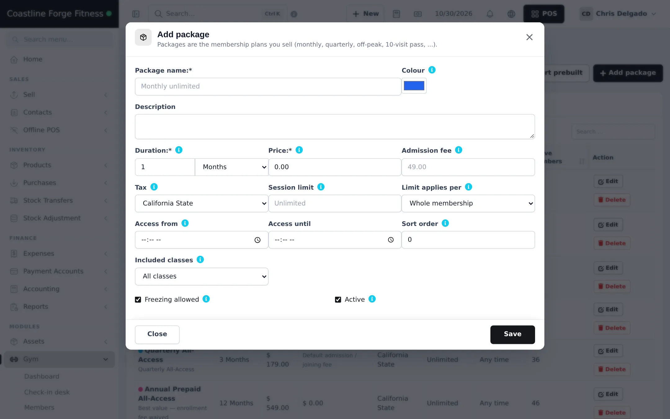 Add package window with package name, colour, description, duration in months, price, admission fee, tax, session limit, limit applies per whole membership, access from and until, sort order, included classes, freezing allowed and active