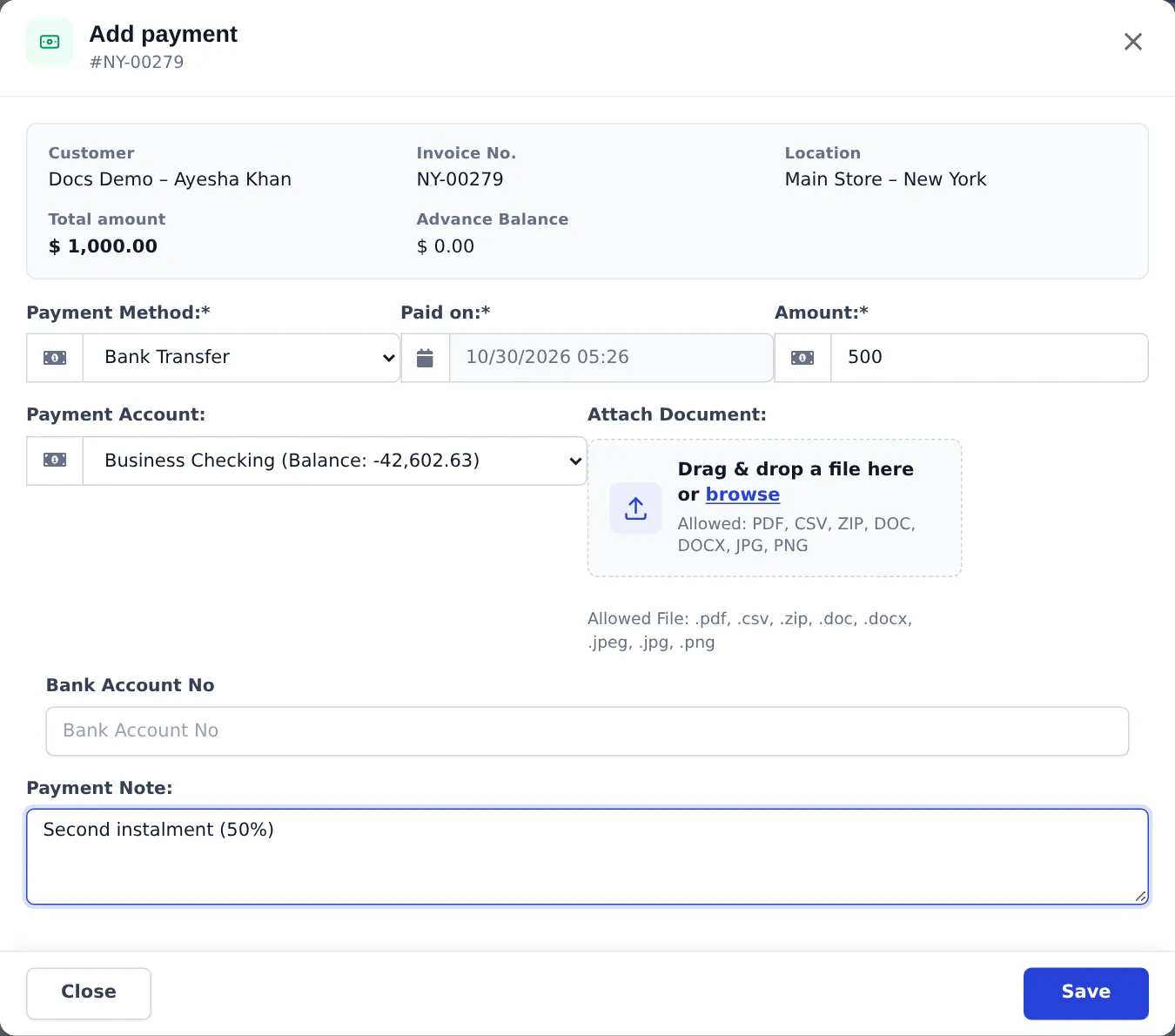 Add payment window for NY-00279: Bank Transfer, Amount 500, account Business Checking, note Second instalment (50%)