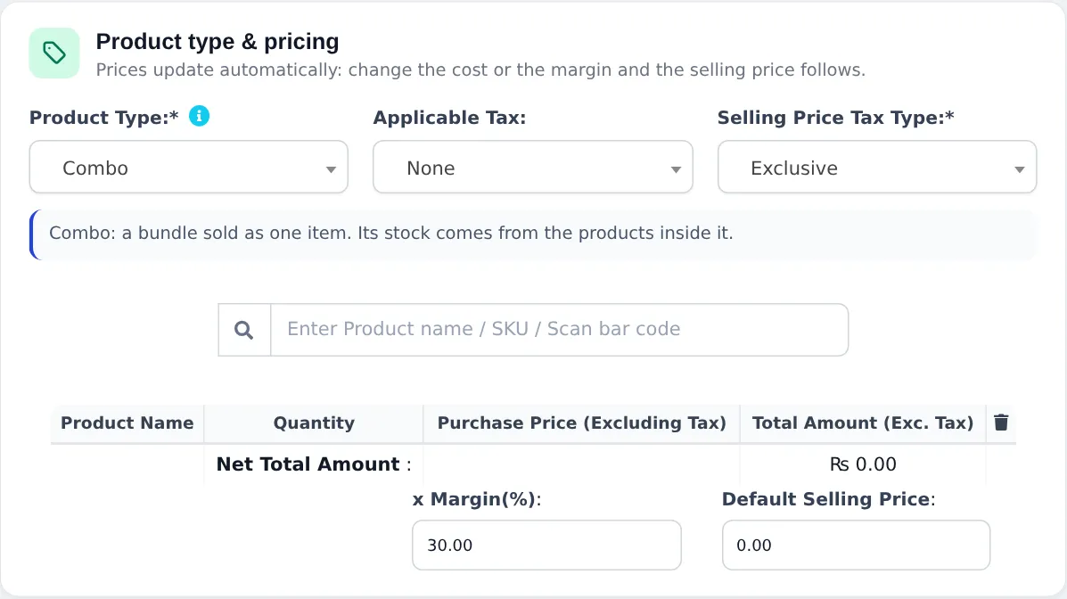 Product type and pricing section with Product Type Combo, the explanation that a combo's stock comes from the products inside it, a product search box, the item table with Quantity and Purchase Price, Net Total Amount, margin 30.00 and Default Selling Price