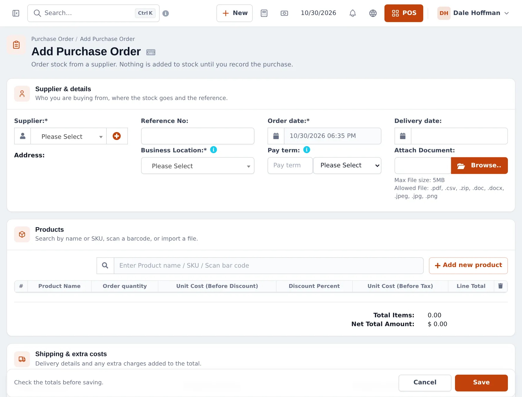 Add Purchase Order form with supplier, reference number, business location, order date, delivery date, pay term, products table and shipping section