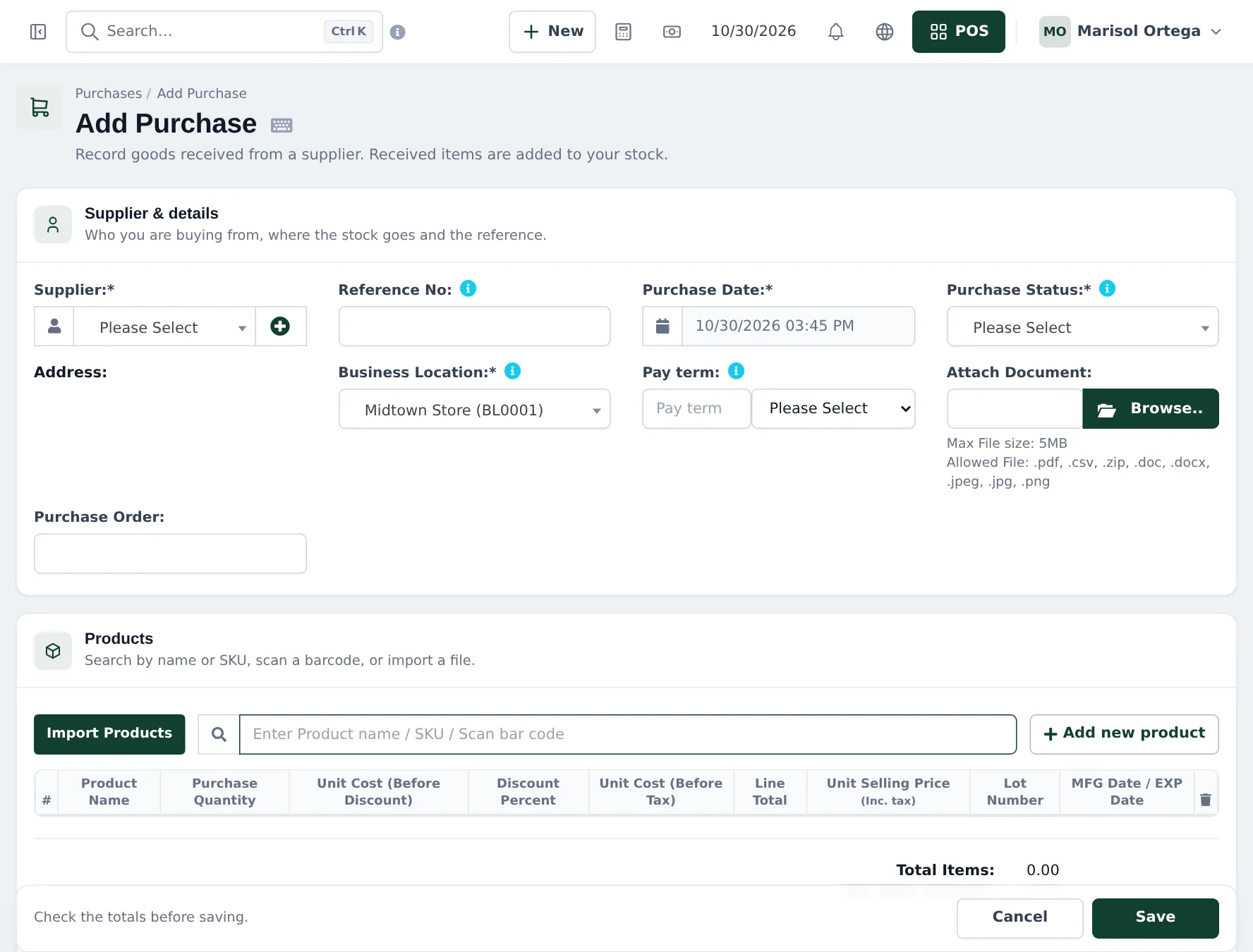 Add Purchase form with supplier, reference number, purchase date, purchase status, location, pay term, purchase order, and a products table with lot number and MFG / EXP date columns