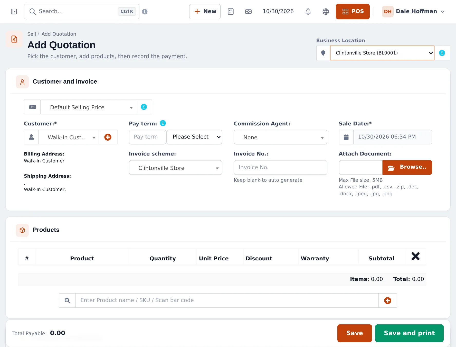 Add Quotation page with business location, price group selector, customer, pay term, invoice scheme, sale date and an empty products table
