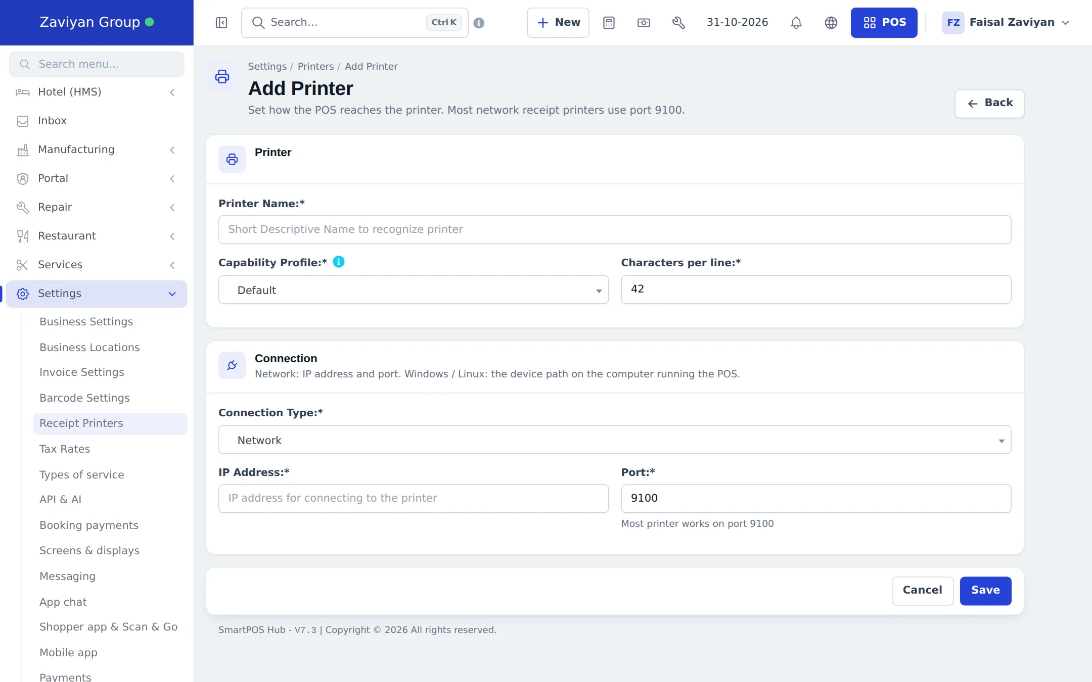 Add Printer page with Printer, Capability Profile, Characters per line, Connection Type Network, IP Address and Port