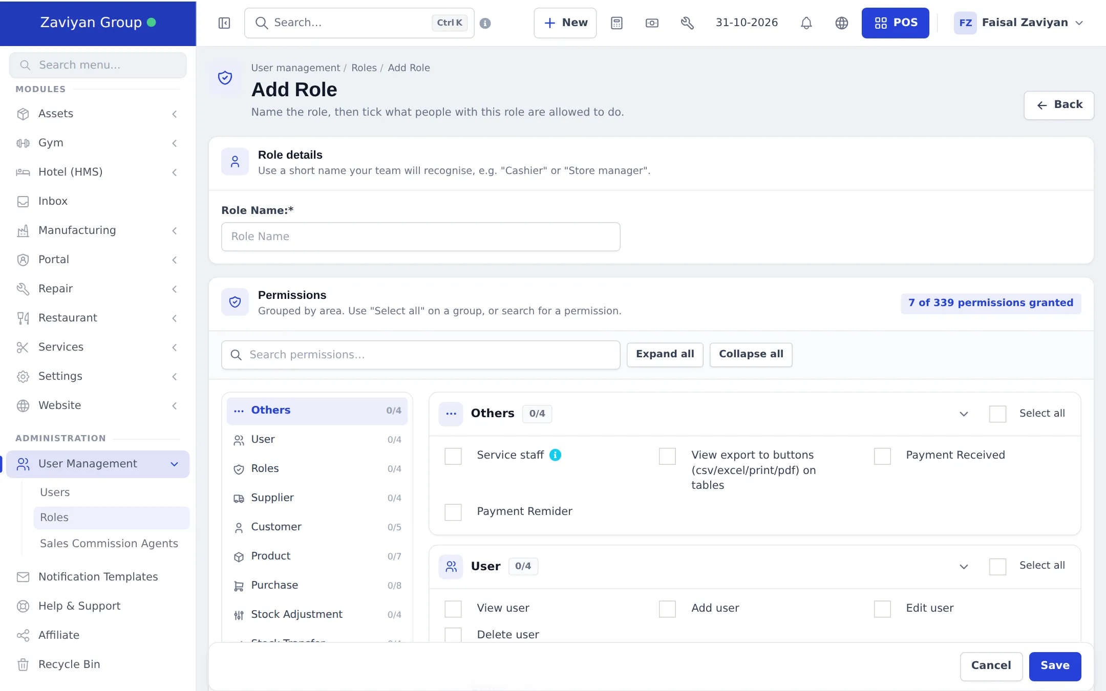 Add Role page with Role Name, a Search permissions box, Expand all and Collapse all buttons and permission groups such as Others and User with Select all tick boxes
