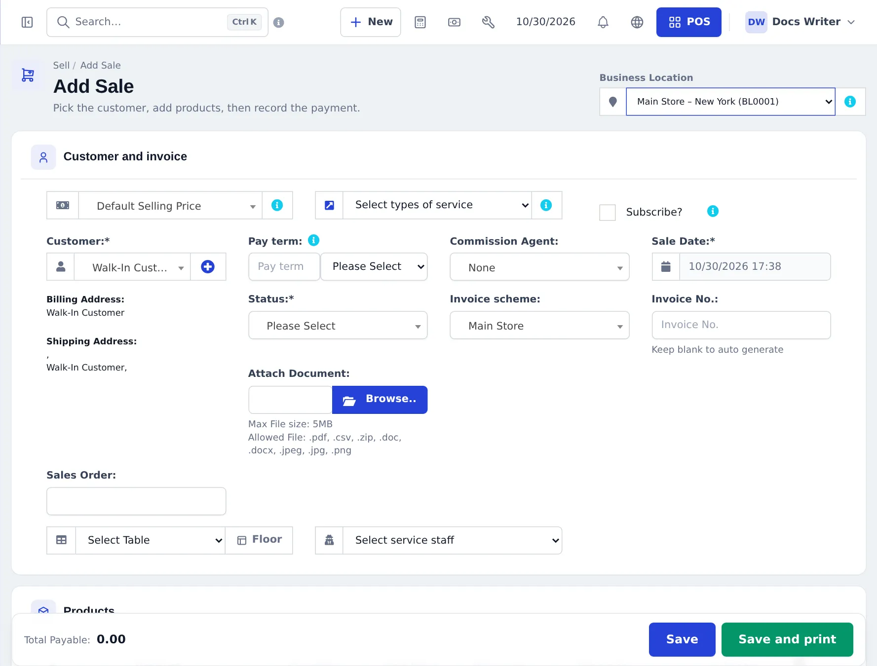 Add Sale form: Customer and invoice section with price group, customer, pay term, commission agent, sale date, status, invoice scheme, invoice number, attach document and sales order