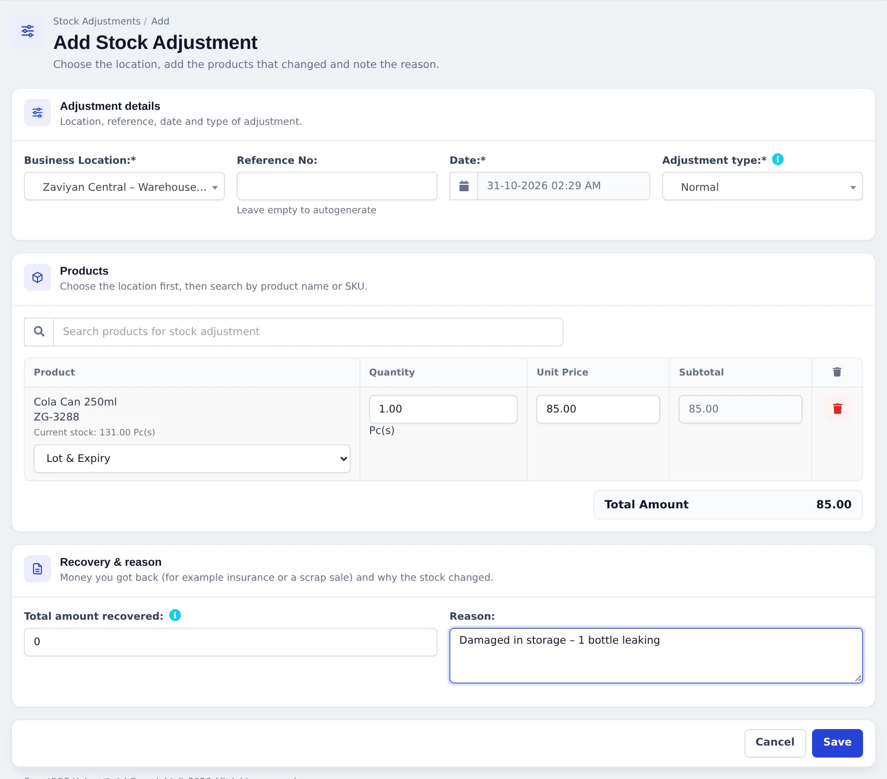 Add Stock Adjustment form with location, Normal adjustment type, one product line and the reason Damaged in storage