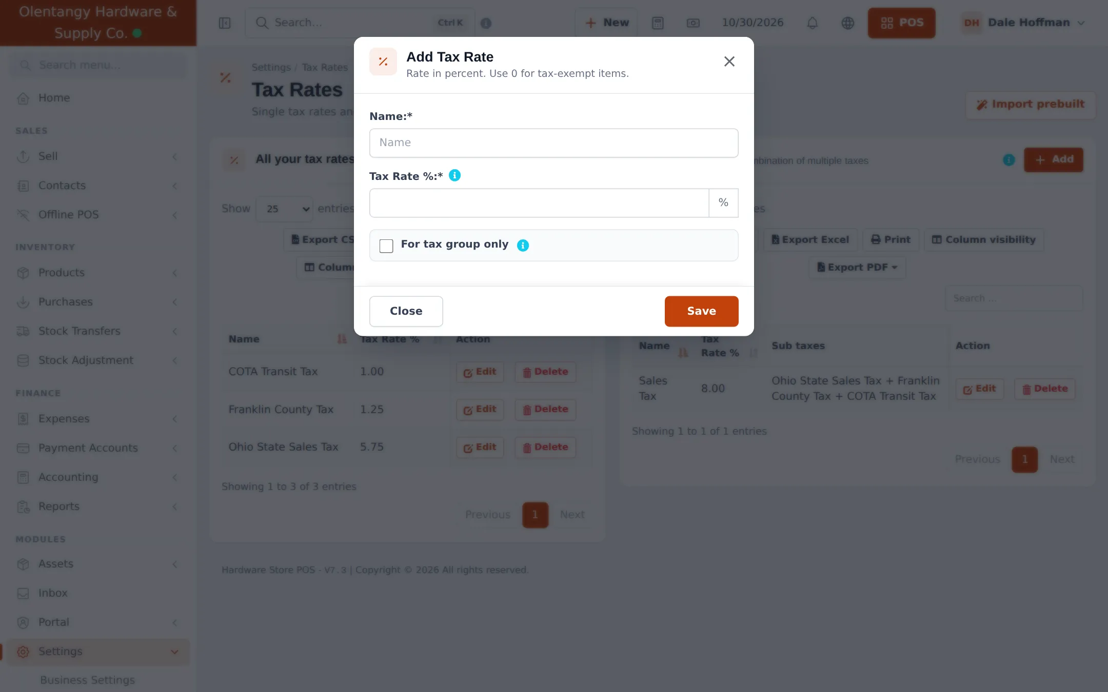 Add Tax Rate window with Name, Tax Rate percent and a For tax group only tick box