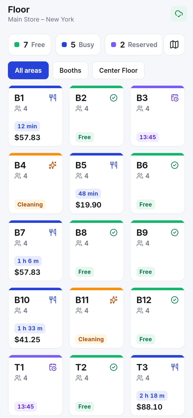 SmartPOS Business app floor view with tables grouped by area showing free, busy and reserved states