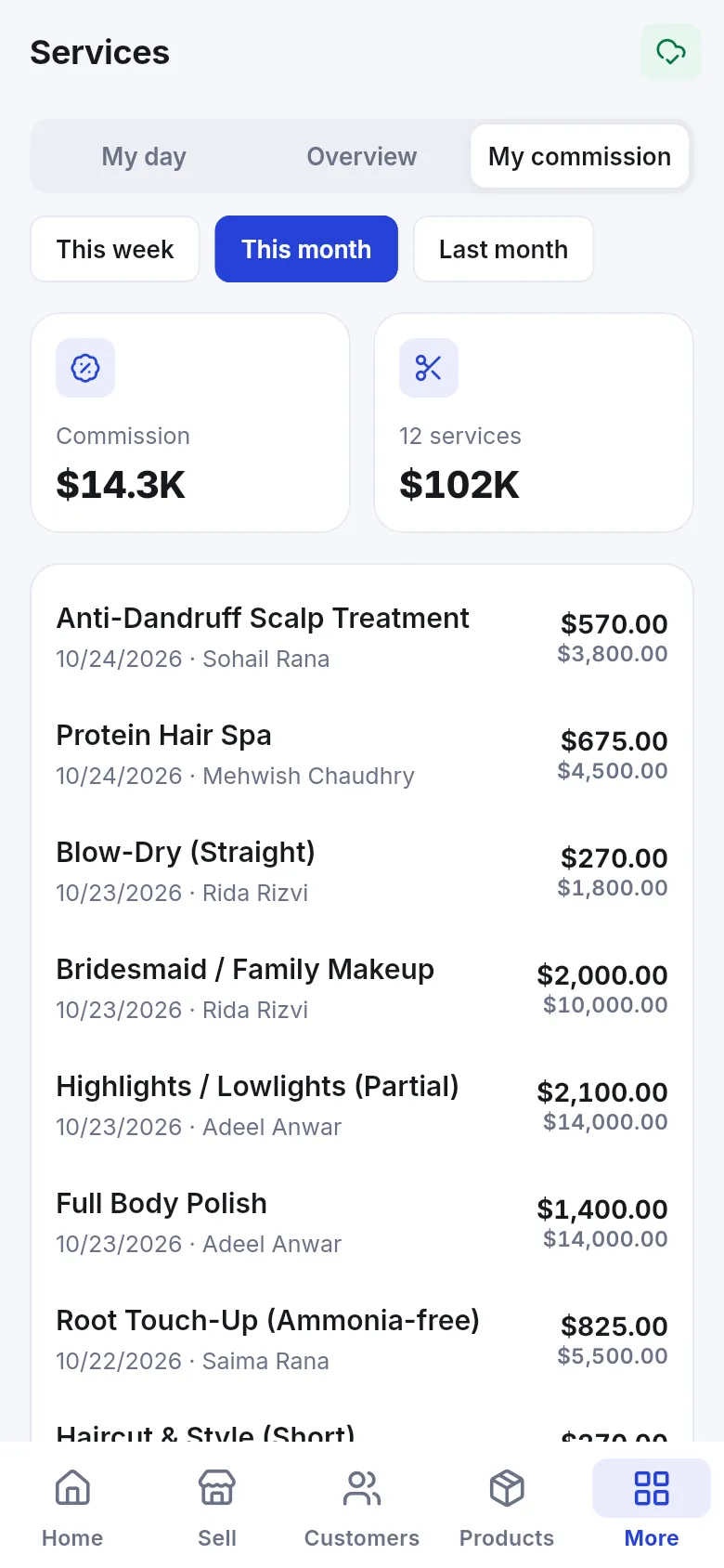Business app My commission screen with commission and services totals for this month and a list of services with their commission