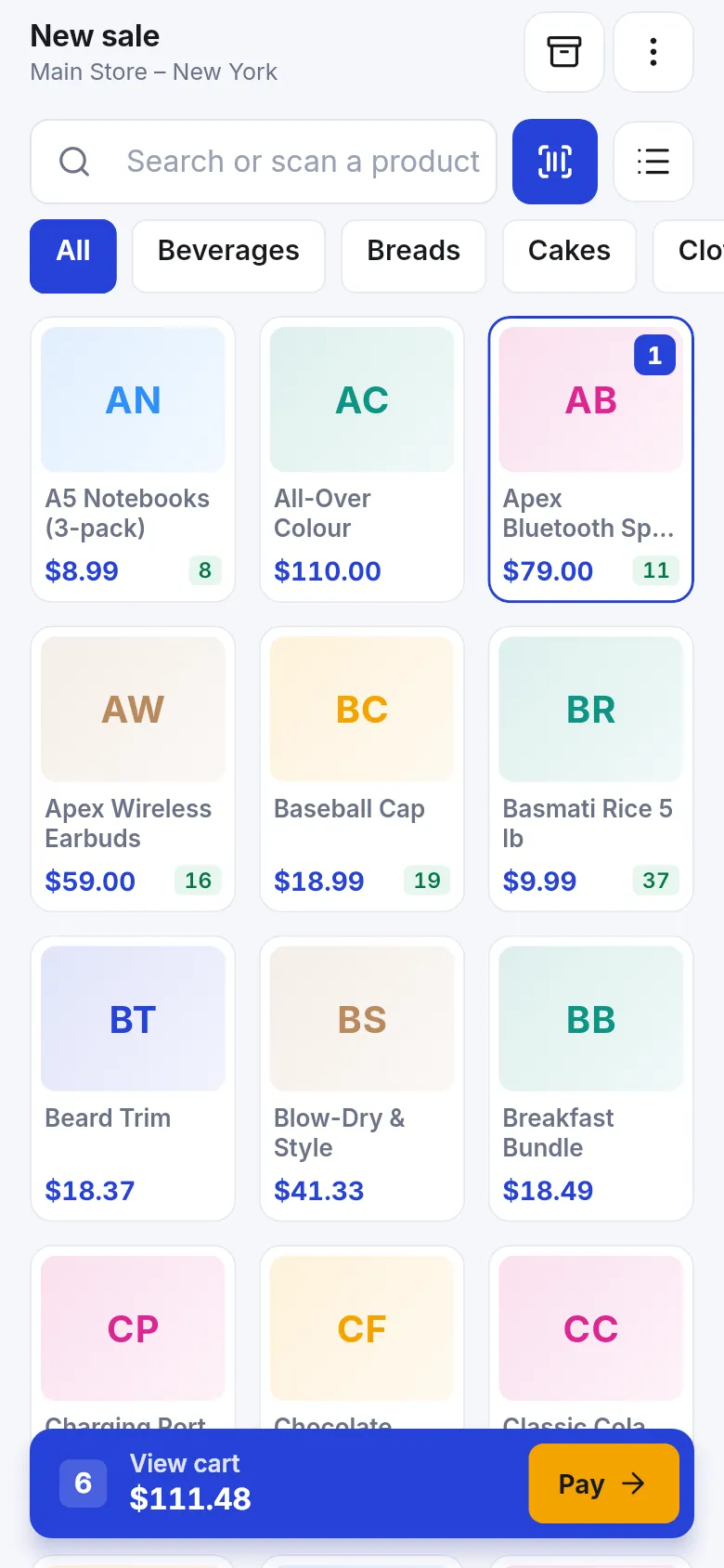 New sale screen with product tiles, category chips and a View cart bar