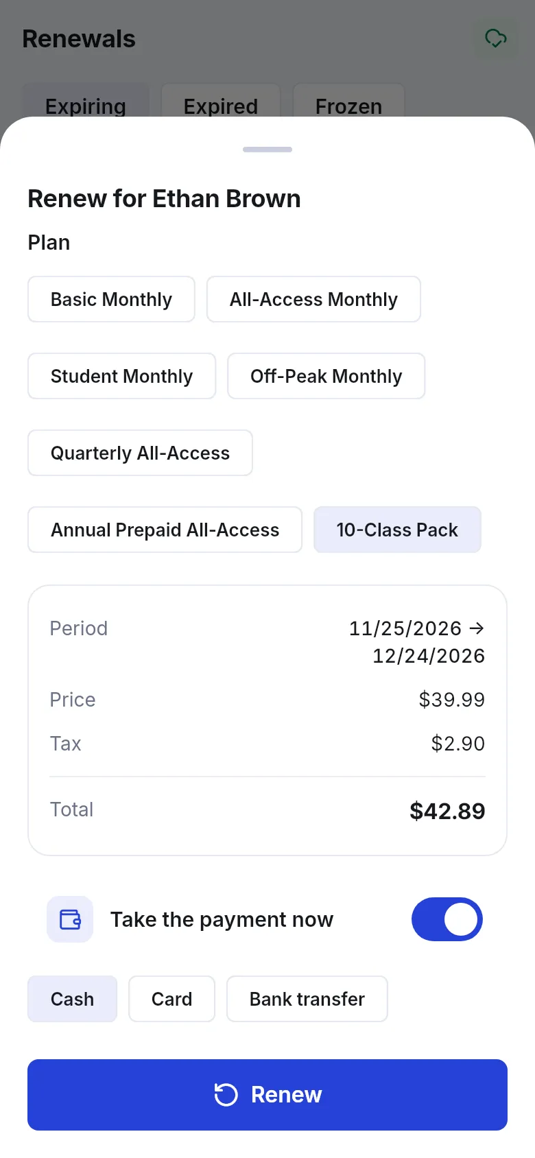Business app renew sheet with membership packages, the new period, price, tax, total, a take the payment now switch and payment methods