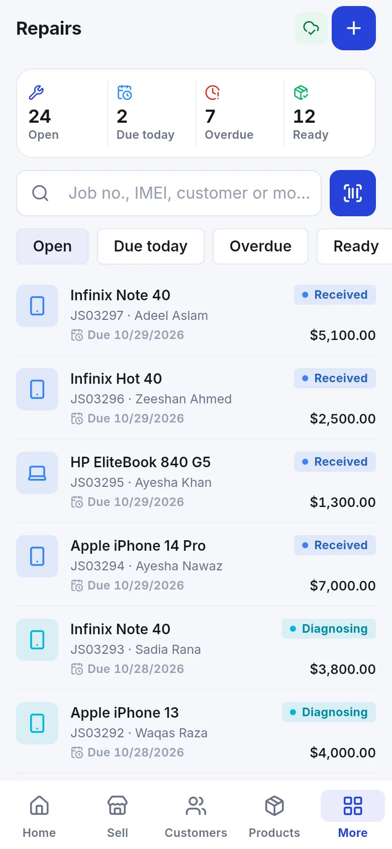 Business app Repairs screen with open, due today, overdue and ready counters and a job list