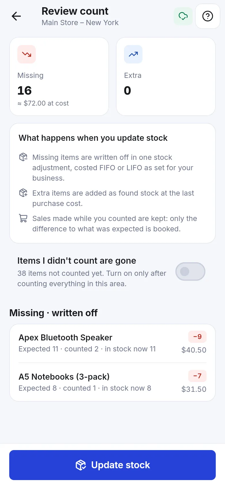 Review count with 16 missing items worth 72 at cost, 0 extra, and the Update stock button