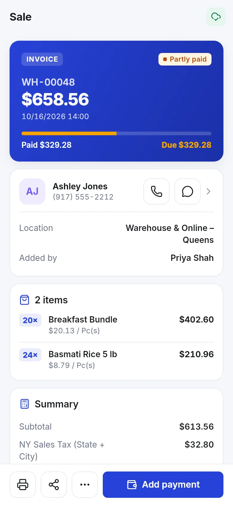App sale detail: invoice partly paid with paid and due amounts and an Add payment button