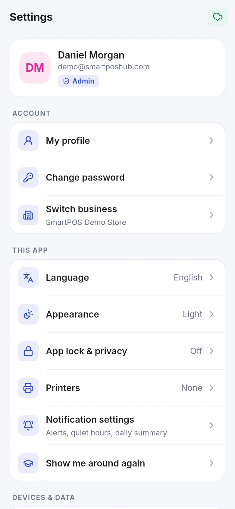 Settings screen with Account (My profile, Change password, Switch business) and This app (Language, Appearance, App lock & privacy, Printers, Notification settings, Show me around again)