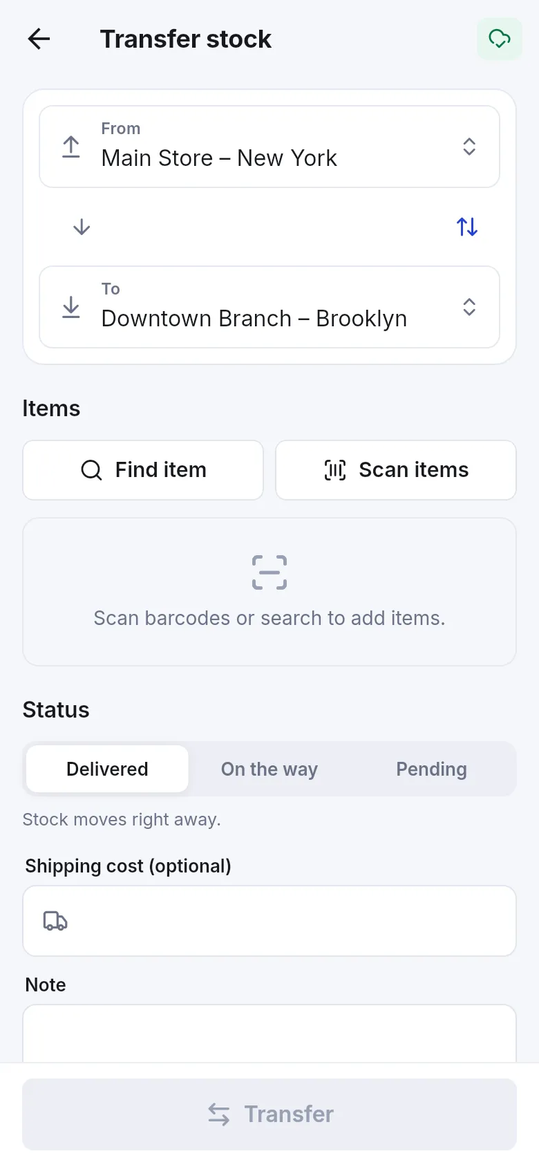 Transfer stock screen in the SmartPOS Business app with From, To, scan items and status