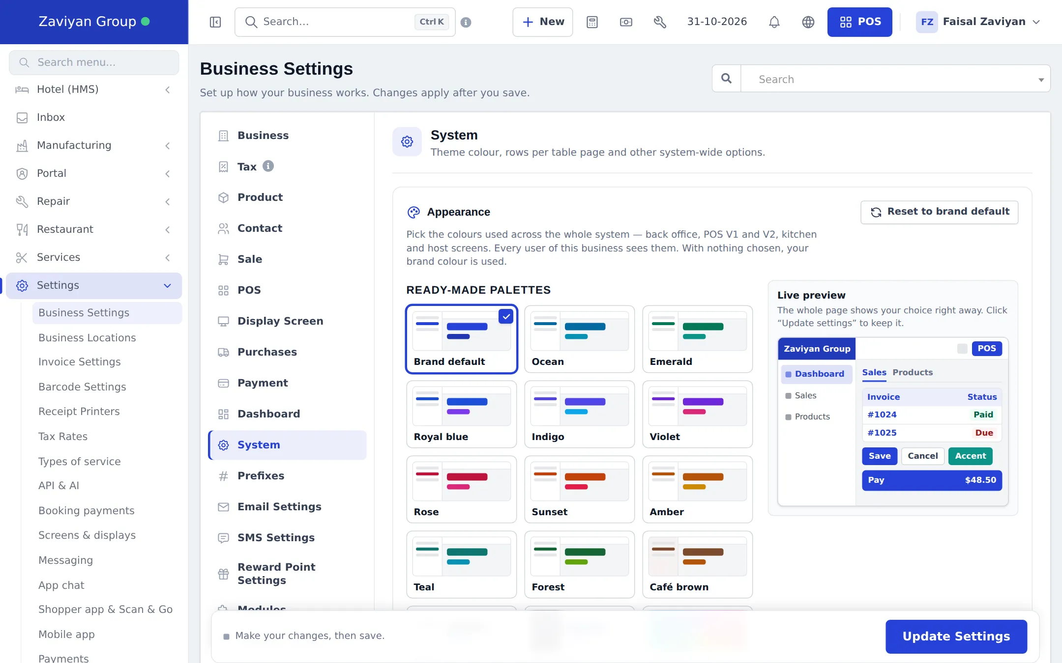 System tab of Business Settings with the Appearance section, Reset to brand default button, ready-made palettes such as Brand default, Ocean, Emerald, Royal blue and Indigo, and a Live preview card