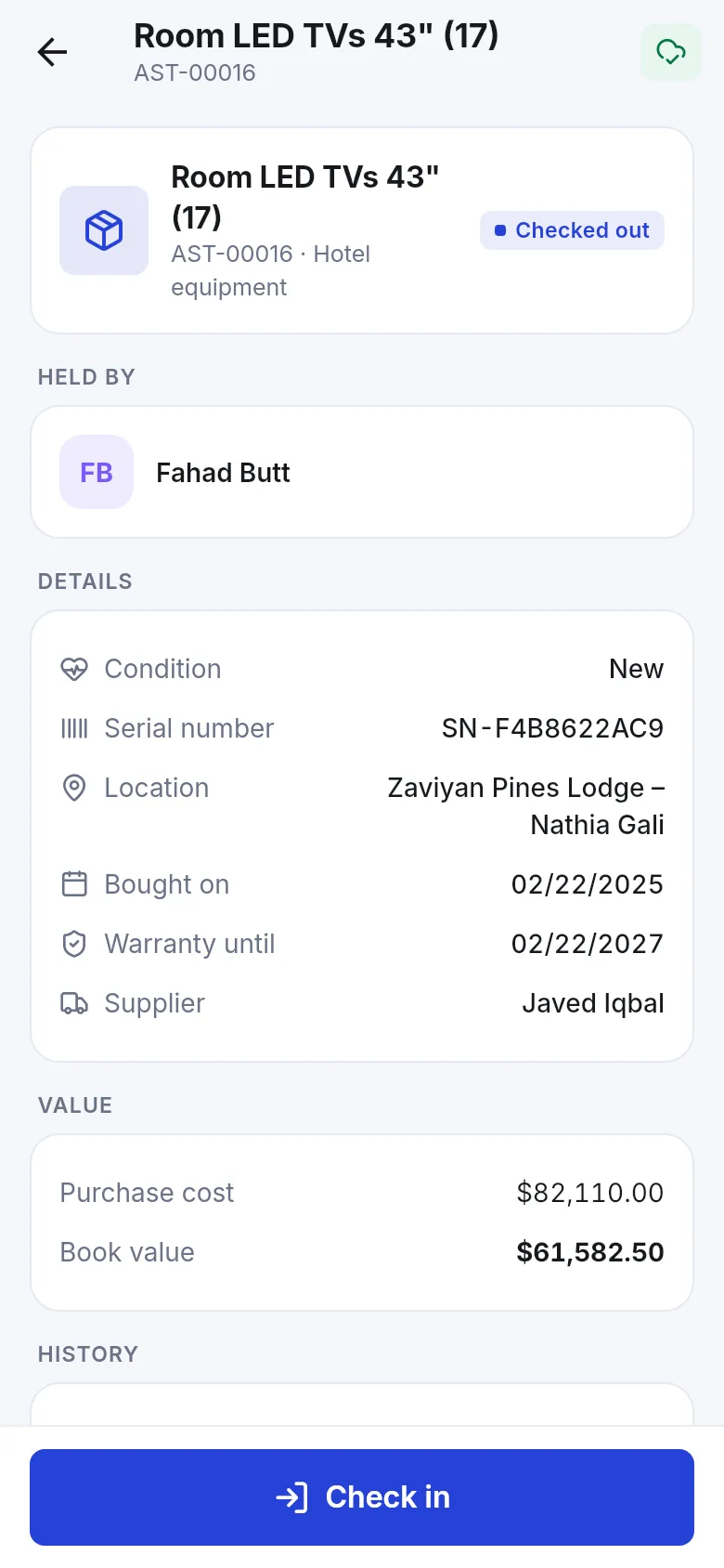 Asset detail in the app with holder, condition, serial, warranty, value and a Check in button