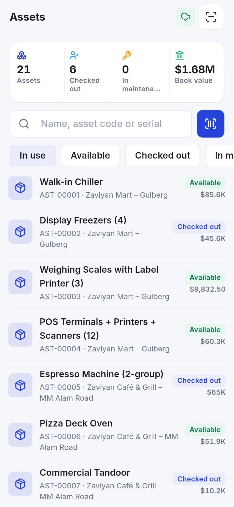 Assets list in the app with counters, search, scan button and asset statuses