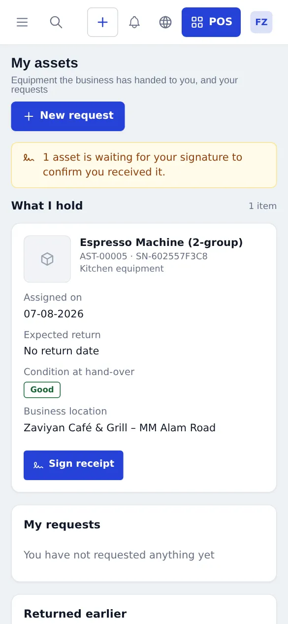 My assets page on a phone with an espresso machine waiting for the staff member's signature
