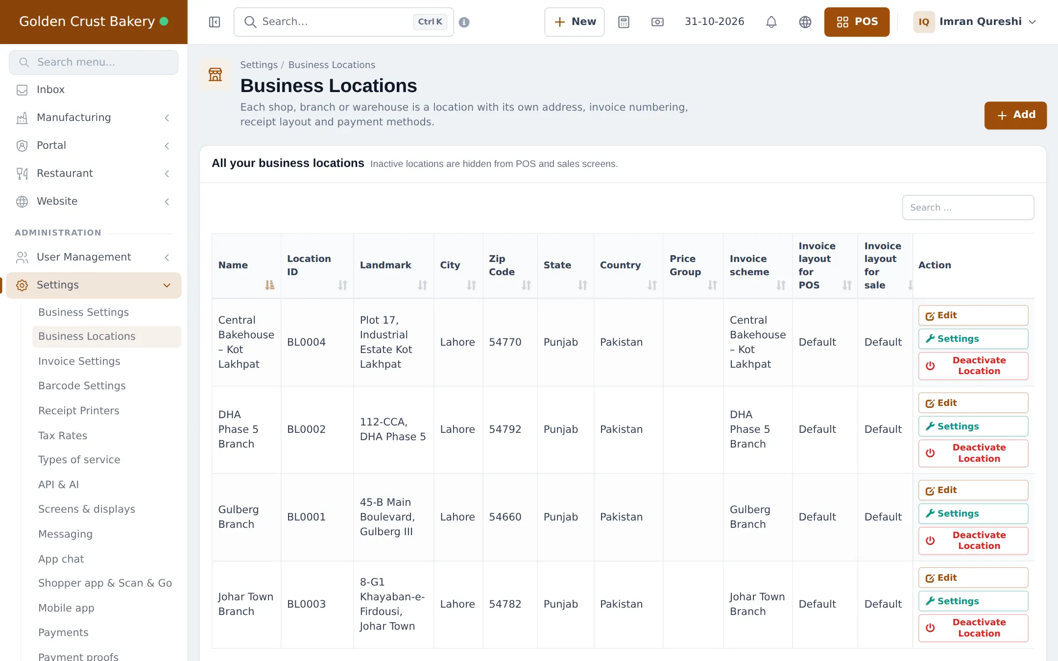 Business locations list with a central bakehouse and three branch shops, each with its location ID, address and invoice scheme