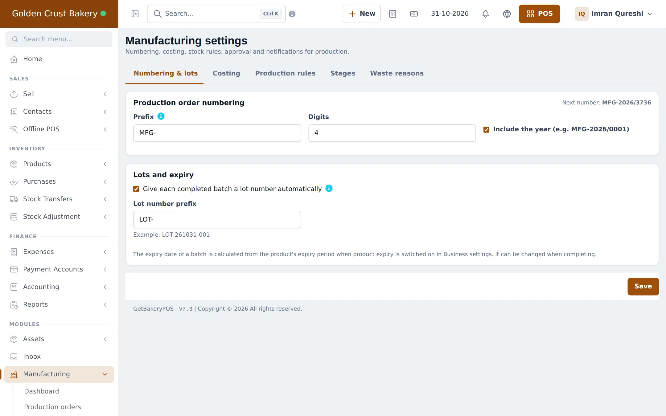 Manufacturing settings with Numbering and lots, Costing, Production rules, Stages and Waste reasons tabs, production order prefix and automatic lot numbers
