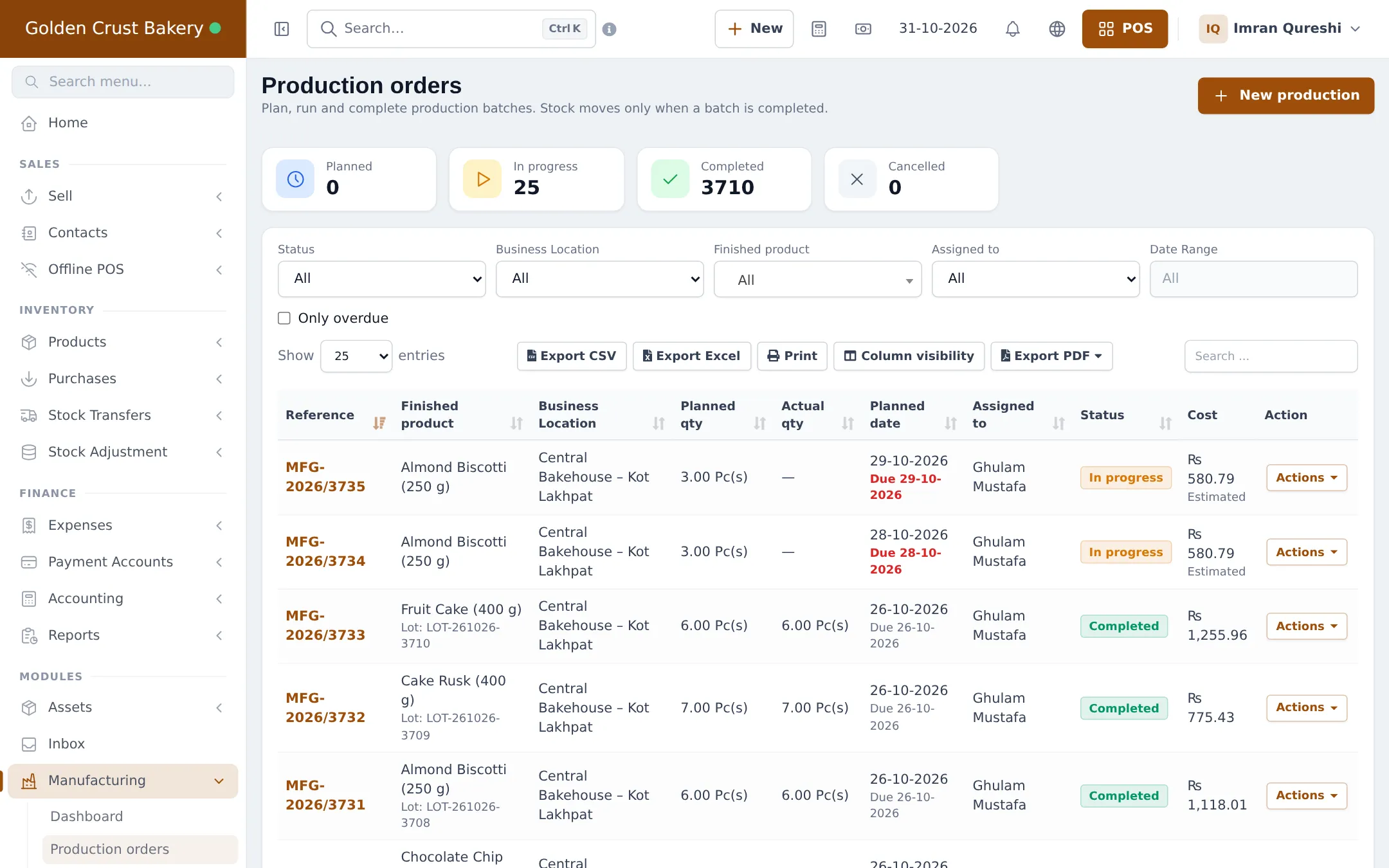 Production orders list with status counters, filters and orders in progress and completed at the central bakehouse with lot numbers and costs