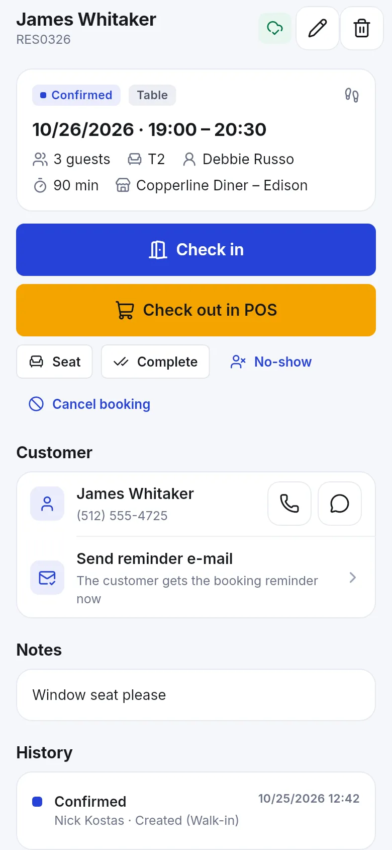 Booking detail with Confirmed status, time, guests, table, Check in, Check out in POS, Seat, Complete, No-show and Cancel booking