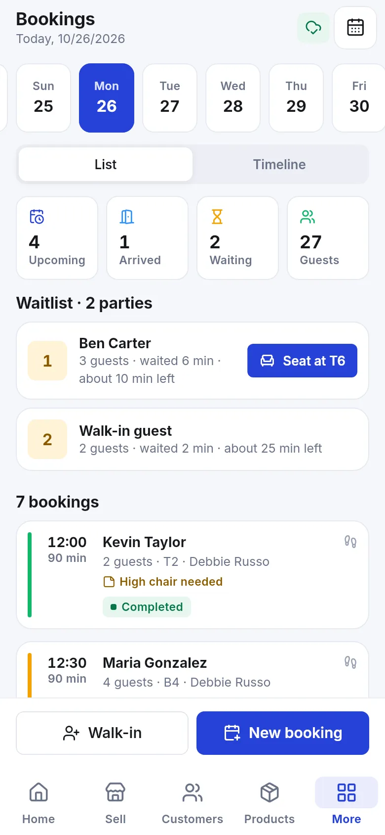 Bookings screen in the SmartPOS Business app with the waitlist, Seat at T6 button and the day's bookings