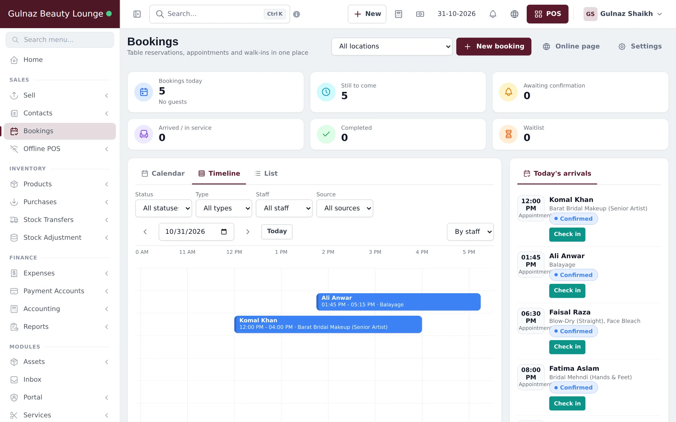 Bookings page in Timeline view showing two appointments by staff member and today's arrivals with Check in buttons