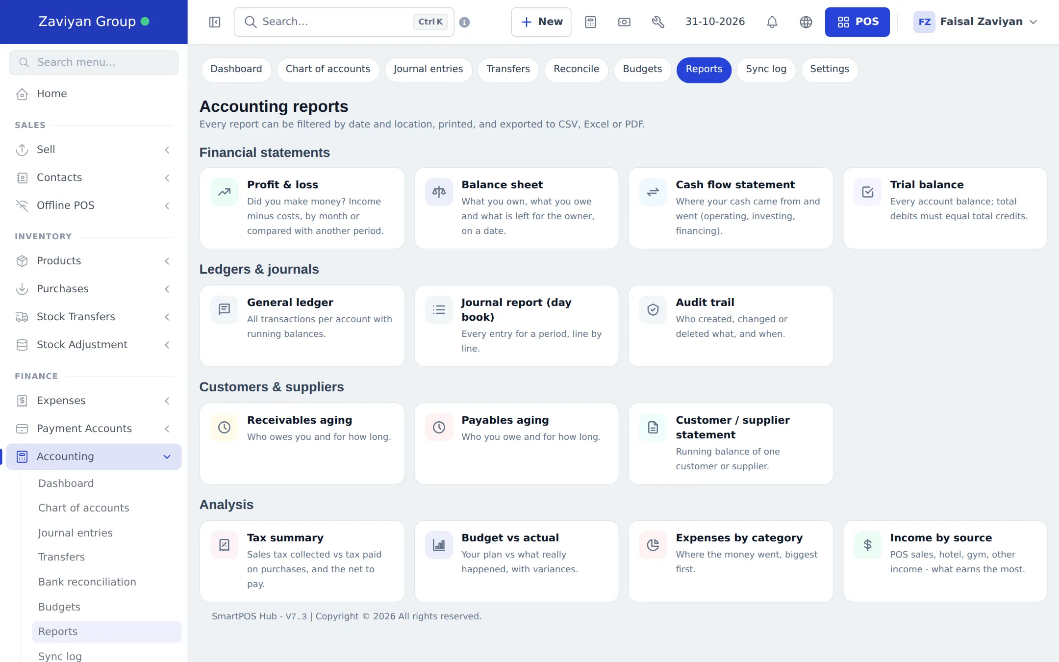 Accounting reports page with profit and loss, balance sheet, cash flow, trial balance, ledgers, aging and analysis cards