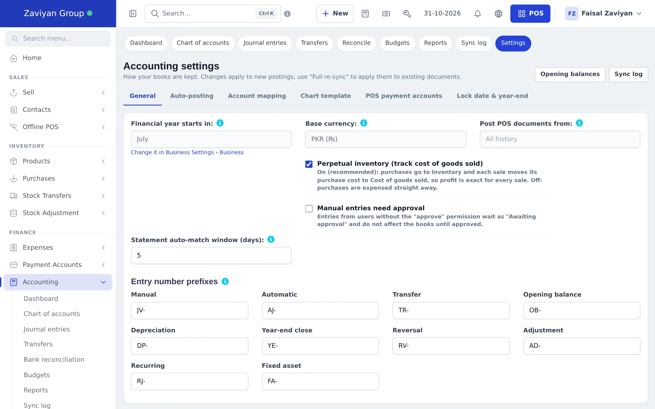 Accounting settings General tab with financial year, base currency, perpetual inventory, approval and entry number prefixes