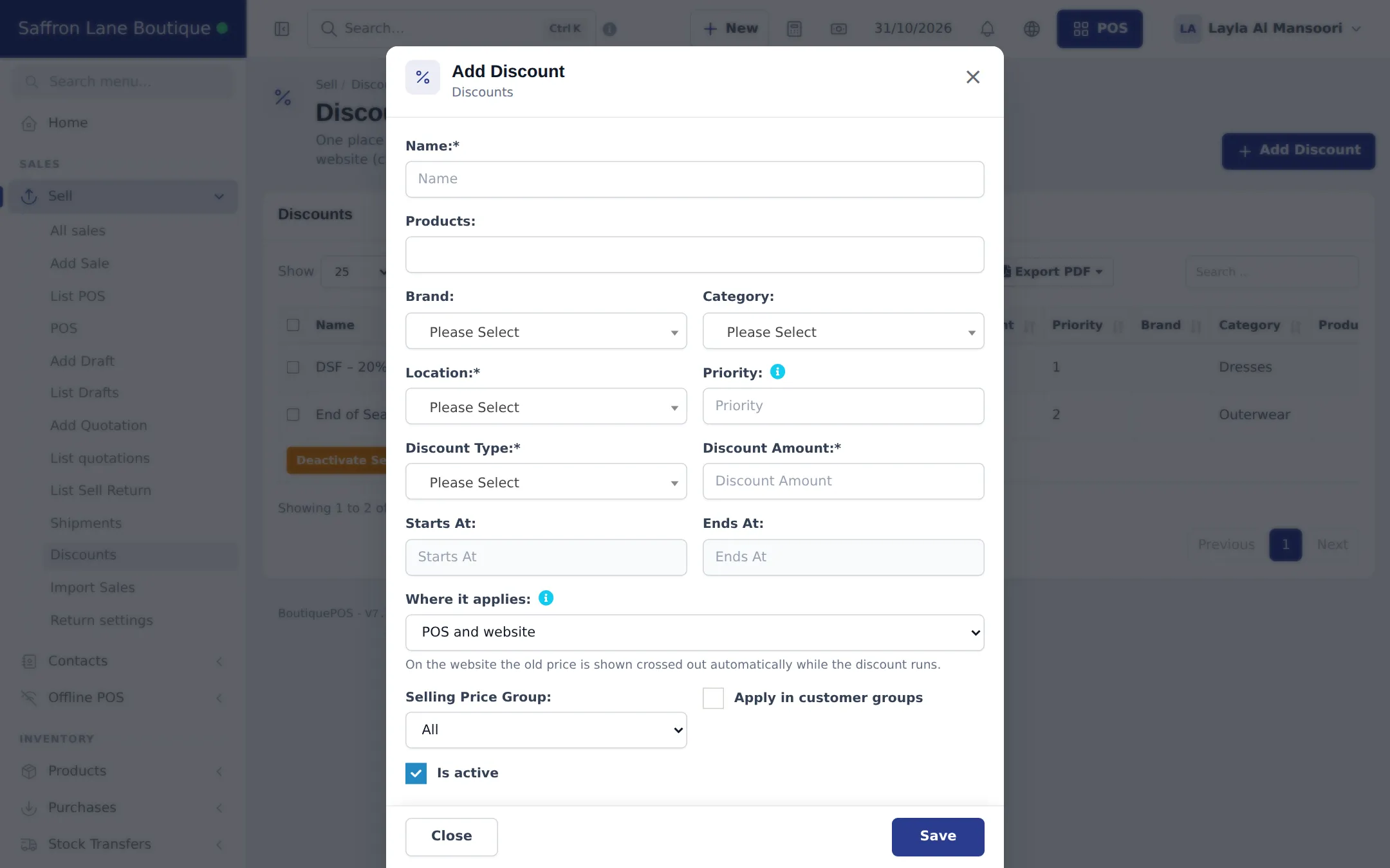 Add Discount window with Name, Products, Brand, Category, Location, Priority, Discount Type, Discount Amount, Starts At, Ends At, Where it applies set to POS and website, Selling Price Group, Apply in customer groups and Is active