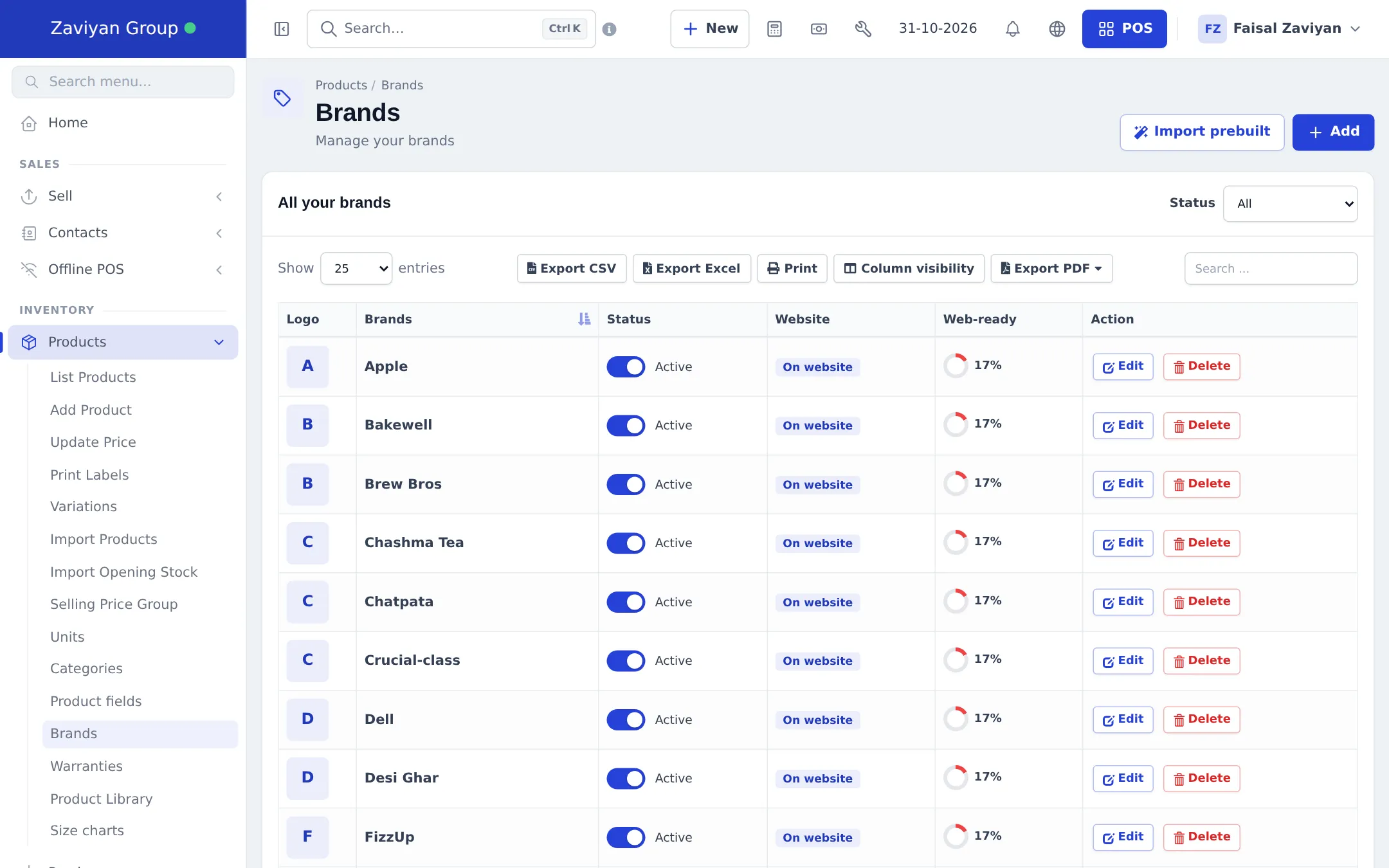 Brands page with Import prebuilt and Add buttons, Status filter, and a table of brands with Logo, Brands, Status switch Active, Website badge On website, Web-ready percentage and Edit / Delete