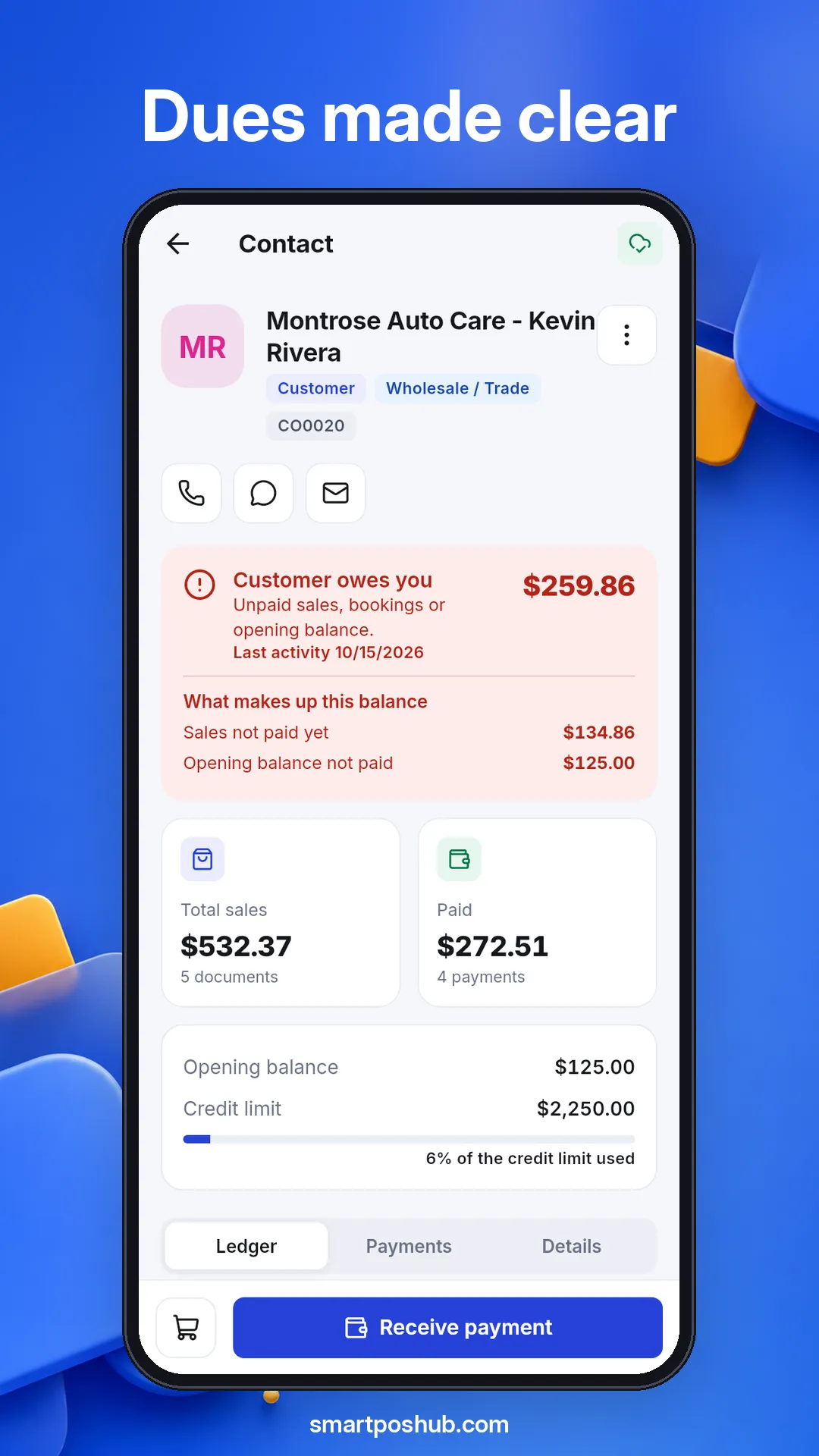 SmartPOS Business app customer screen showing what the customer owes and a Receive payment button