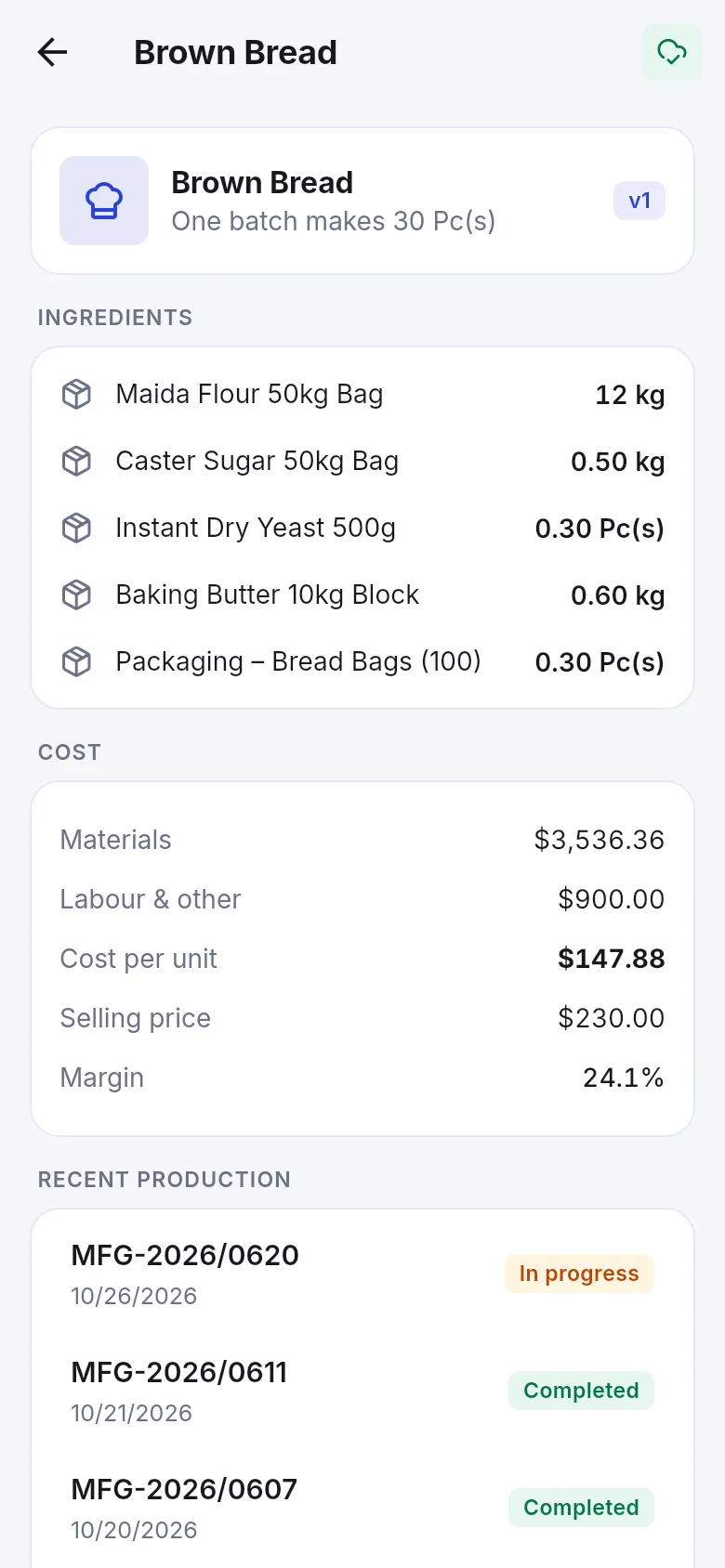 SmartPOS Business app recipe with ingredients, materials and labor cost, cost per unit, selling price, margin and recent production orders