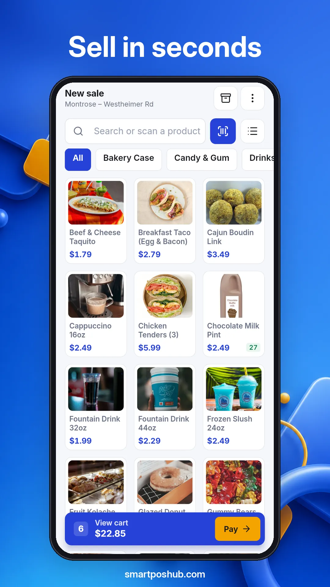SmartPOS Business app selling screen with product tiles and a Pay button