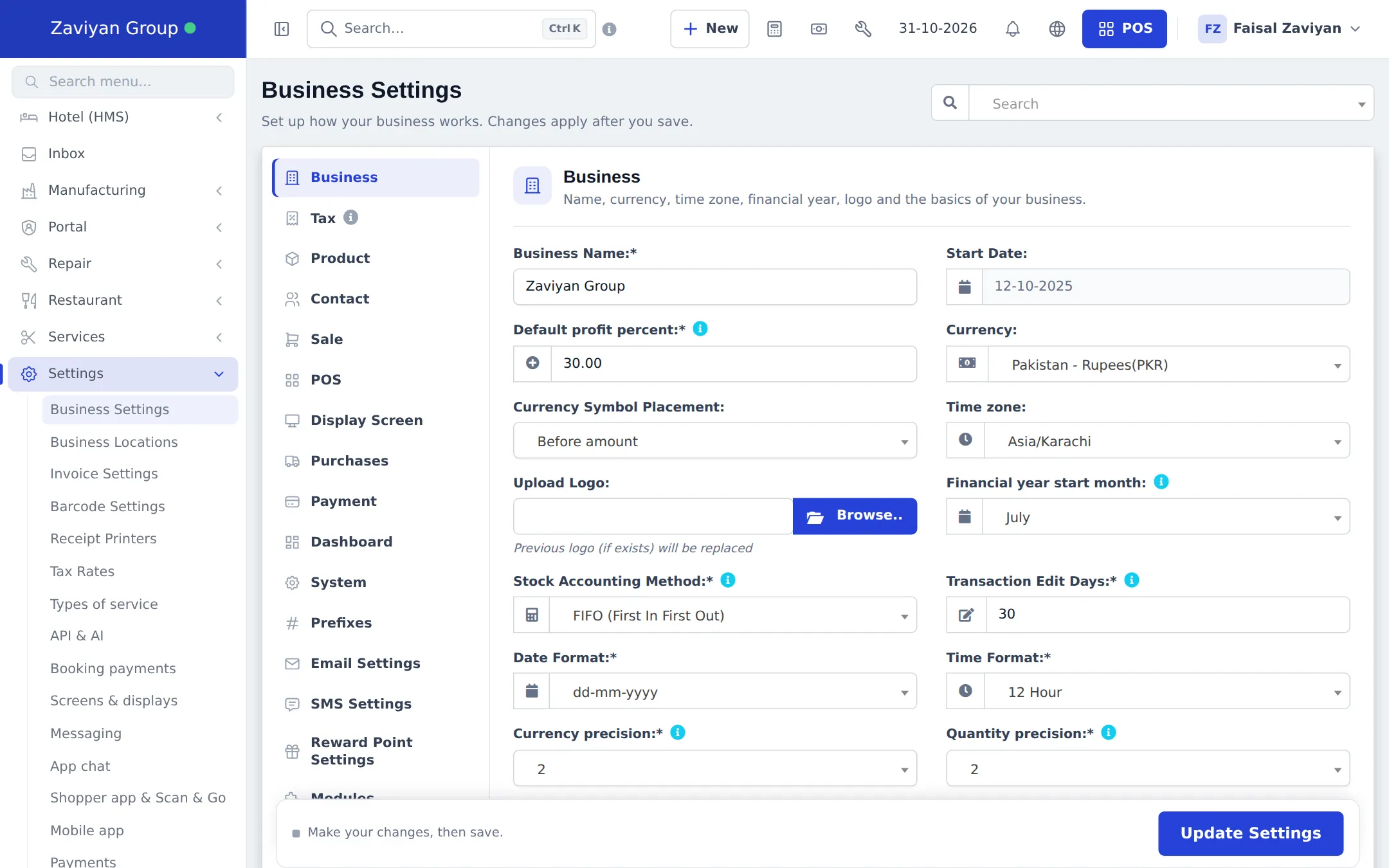 Business Settings with the tab list on the left and the Business tab fields on the right