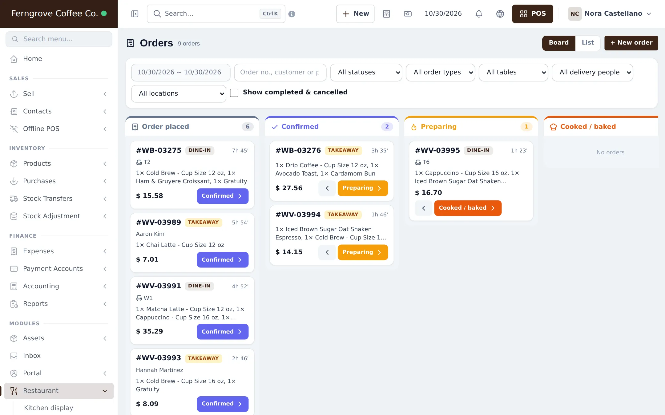 Cafe Orders board mixing dine-in and takeaway orders with Confirmed, Preparing and Cooked buttons