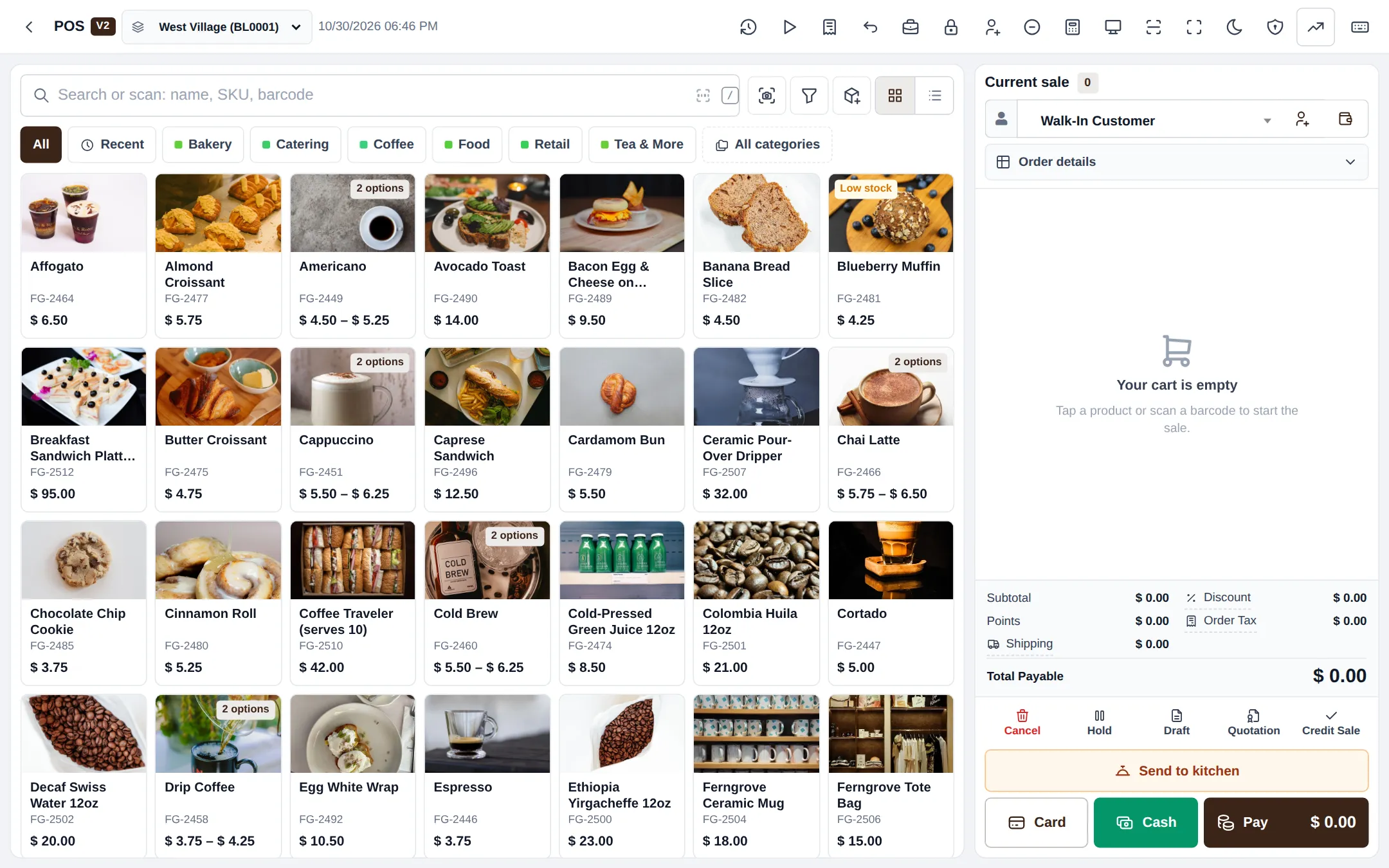 POS V2 in a café with category chips and big product tiles with photos, prices and option badges, and the cart with Send to kitchen, Card, Cash and Pay