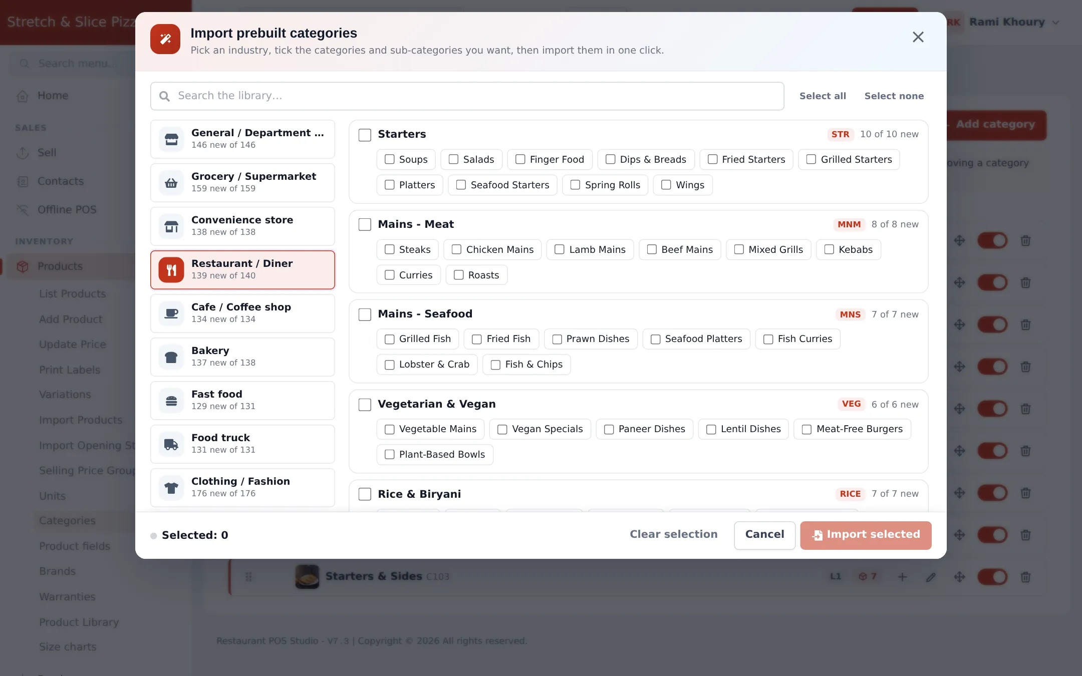 Import prebuilt categories window with Restaurant / Diner selected and Starters, Mains and Seafood groups