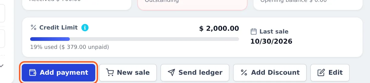 Customer page quick actions with Add payment highlighted next to New sale, Send ledger, Add Discount and Edit