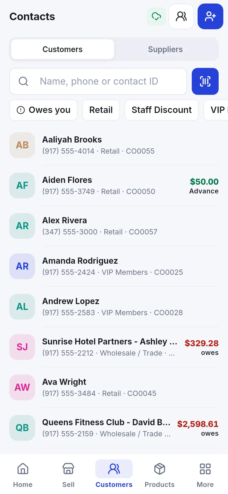 SmartPOS Business app Customers list with Owes you filter and balances