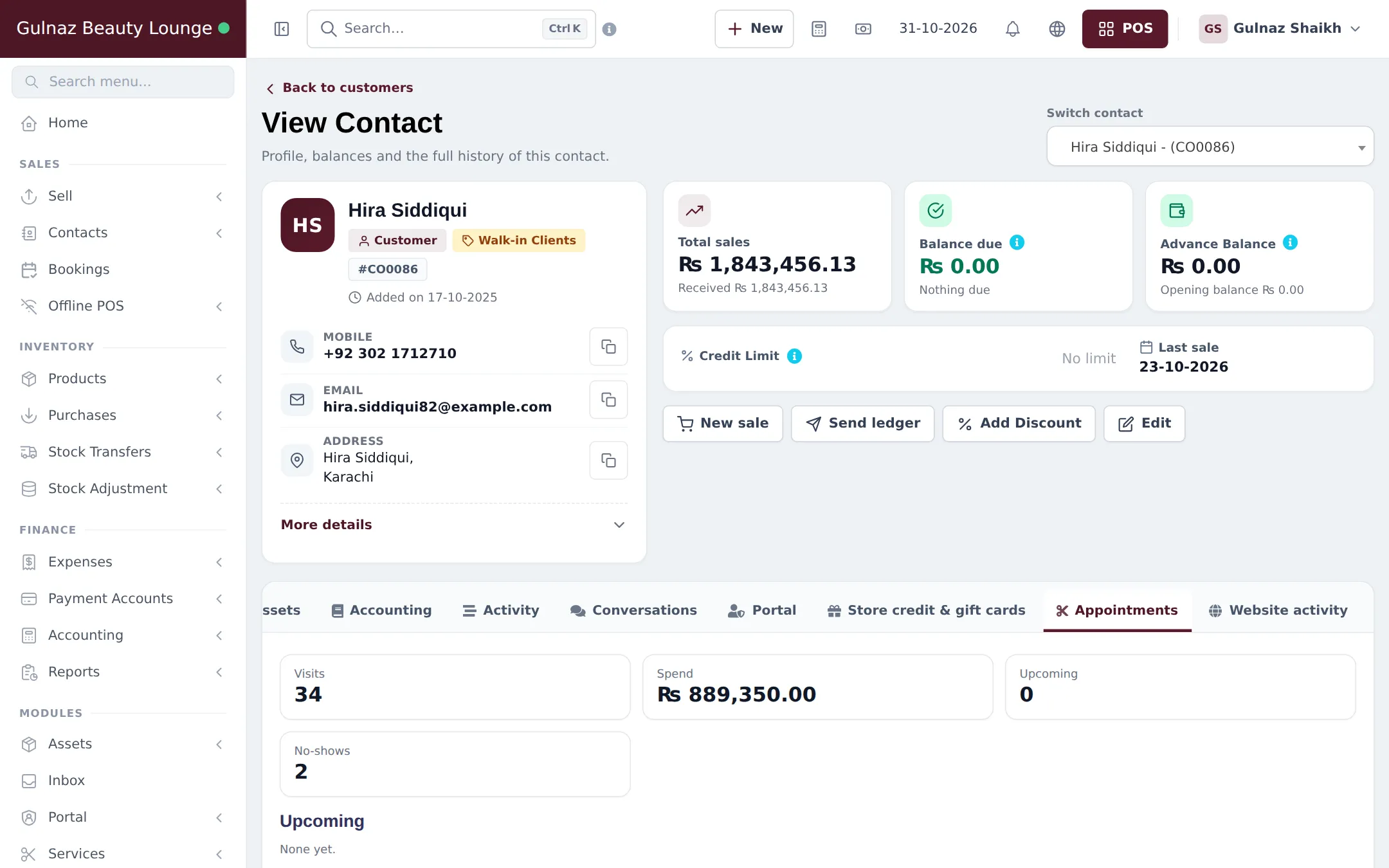 Customer page with total sales, balance due and advance balance cards, and the Appointments tab with 34 visits, spend, 0 upcoming and 2 no-shows