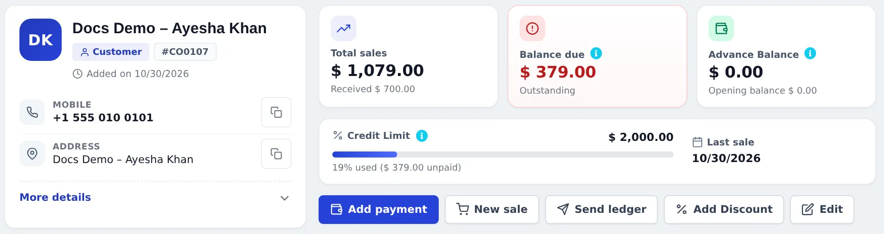 Customer page cards: Total sales 1,079.00 received 700.00, Balance due 379.00, Advance Balance 0.00, Credit Limit 2,000.00 with 19% used