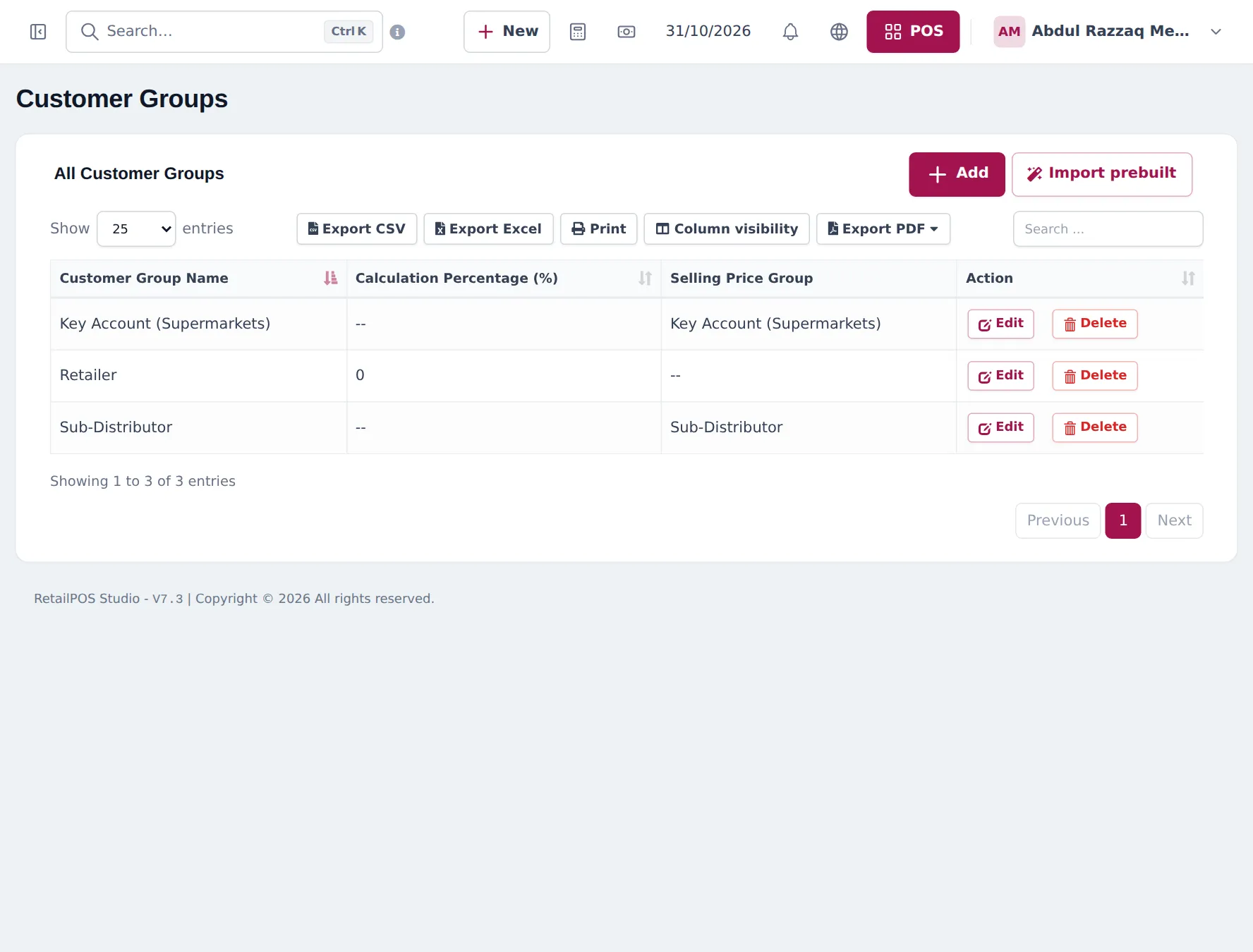 Customer Groups with Key Account (Supermarkets) and Sub-Distributor linked to price groups and Retailer at 0 percent