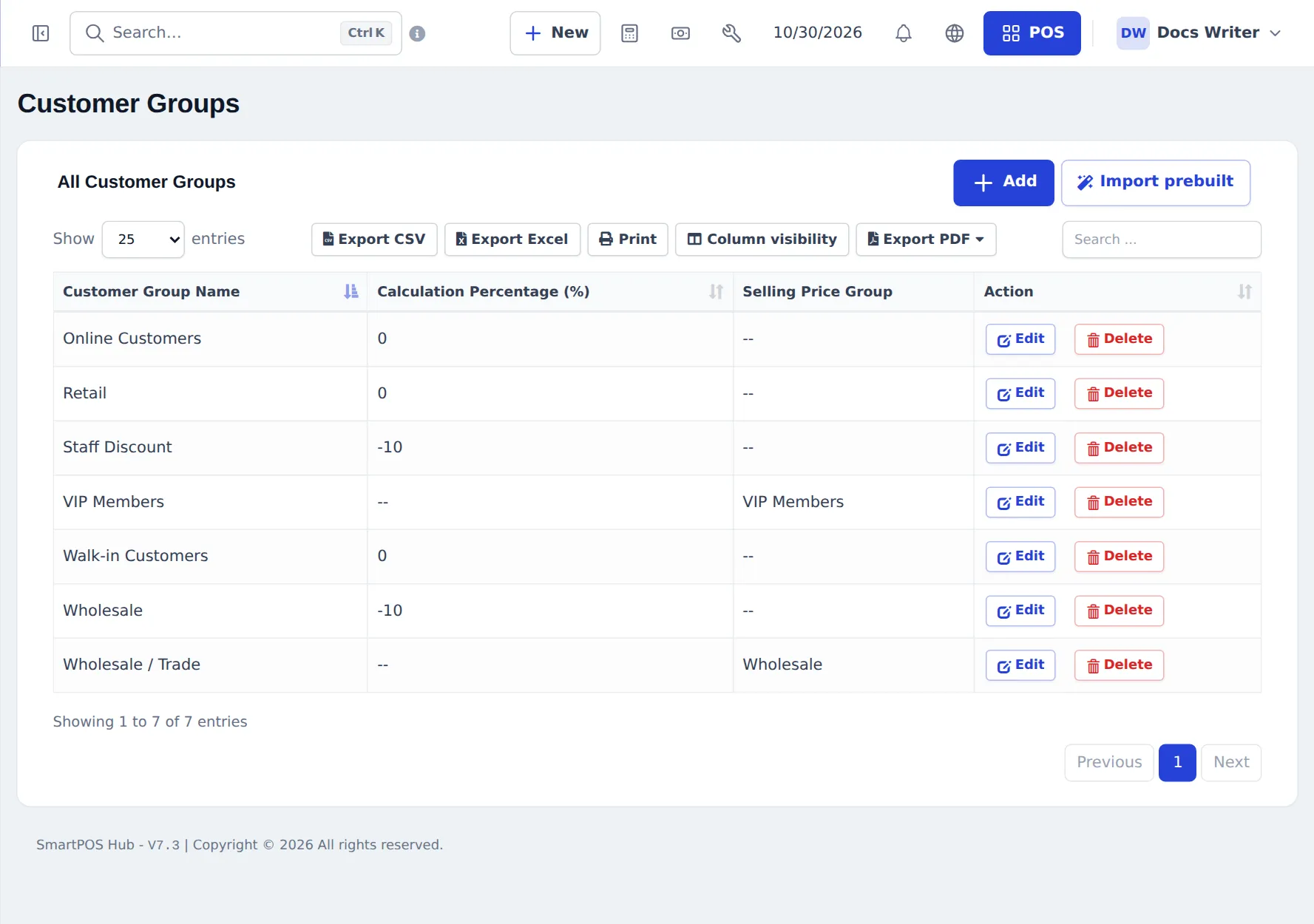 Customer Groups list with Online Customers, Retail, Staff Discount -10, VIP Members with selling price group, Walk-in Customers, Wholesale -10 and Wholesale / Trade, with Edit and Delete
