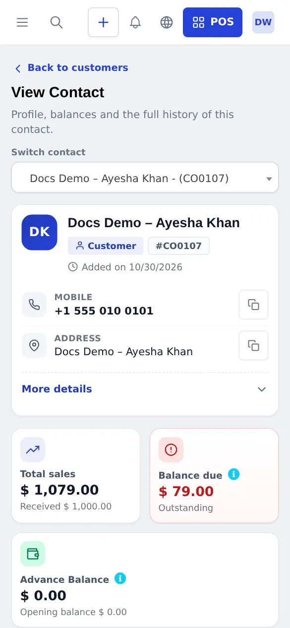 Contact page in a phone browser with balance cards